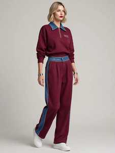 ONETEN APPARELS Conjunto Deportivo Color Block para Mujer, Sudadera con Cuello de Mezclilla y Parches, Pantalones Largos Casuales - Product Image 3