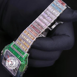 Montre de luxe en acier inoxydable avec quartz et diamants Moissanite VVS glacés, cadran analogique argenté avec pierres précieuses arc-en-ciel, mouvement ETA, date automatique, 41 mm - Product Image 3
