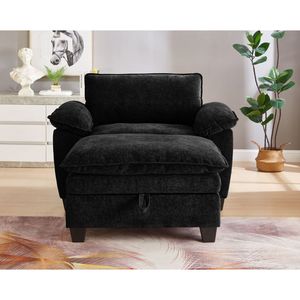 Chaise longue oversize da 51 pollici in morbido ciniglia nera con poggiapiedi e contenitore, imbottita nera - Product Image 3