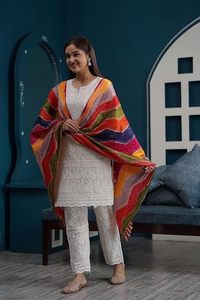 Twinfeet Women's Premium Rayon Traditional <b>Chikankari</b> Embroidery Straight Kurti with Pant & Dupatta for Party Occasions - Product Image 4