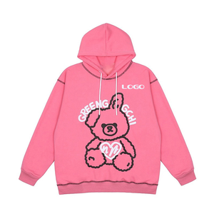 เสื้อฮู้ดสีชมพูขนาดใหญ่พิมพ์ลายการ์ตูนหมี เสื้อสเวตเตอร์ถักแบบลำลองสำหรับทุกเพศ ใส่ได้ในฤดูใบไม้ร่วง - Product Image 1