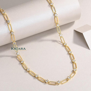Women's 14k Gold Plated S925 Geometric Link <b>Chain</b> Necklace with Round Lab Grown Stones Hiphop Wedding Luxury Everyday Wear - Product Image 1