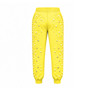 Custom Lemon Yellow Pearl Beaded <b>Jogger</b> Pants <b>Women</b> Luxury Embellished Drawstring Sweatpants Casual Streetwear <b>Fleece</b> Bottoms - Product Image 2