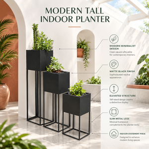 Trio de jardinières surélevées en métal noir |   Ensemble de pots de fleurs carrés d'intérieur avec supports fins pour la décoration du salon, de l'hôtel, du bureau, de la maison et du jardin - Product Image 4