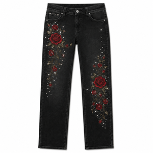 Women's Cute Dark High Waist Floral <b>Embroidered</b> Straight Leg <b>Jeans</b> Full Length Denim Pants Casual Autumn Streetwear OEM ODM - Product Image 3