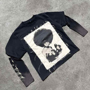 เสื้อสเวตเชิ้ตพิมพ์ลายกราฟิกแบบกำหนดเอง ทรงบ็อกซี่ แขนยาวสองชั้น ปักลาย สกรีนลาย ผ้าคอตตอนหนา เสื้อยืดครอปผู้ชาย - Product Image 5