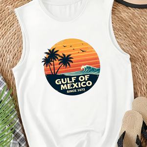 Camiseta sin Mangas de Punto Casual para Mujer con Logo Frontal, Diseño Retro del Golfo de México al Atardecer - Product Image 2