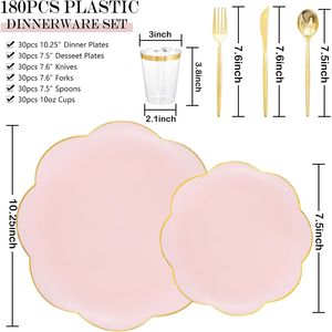 Set di stoviglie in plastica rosa da 180 pezzi con bordo oro e argento, piatti usa e getta per tè pomeridiano, matrimoni e feste - Product Image 5