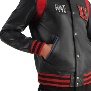 <b>Men's</b> <b>Black</b> PU Leather Varsity Jacket Stand Collar Color Block Embroidered <b>Badge</b> Snap Button Windproof - Product Image 5