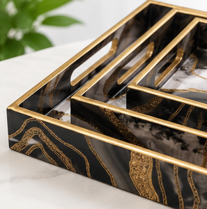 Luxury <b>Black</b> Marble Resin Serving Tray Set Handmade Decorative Coffee <b>Table</b> Ottoman <b>Vanity</b> Tray Custom OEM Supplier - Product Image 1