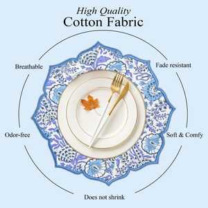 Indigo <b>Blue</b> Round Placemats Set Hand Block Printed Cotton with Scallop Embroidery Boho Floral <b>Table</b> <b>Mats</b> for Dining - Product Image 2