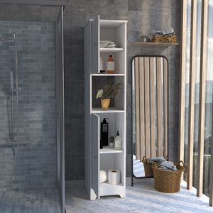 Armadio a Doppia Anta in Lino Yaka di Depot E Shop, Quattro Ripiani Interni con Un Ripiano Aperto, Bianco, per Organizzazione Bagno - Product Image 4