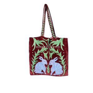 Bolsos Bordados de Conejo al por Mayor, Bolsos Grandes de Terciopelo Hechos a Mano, Bolsos de Viaje Boho para Mujer, Bolsillo Interior, Bolsos de Compras Suzani - Product Image 1