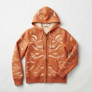 Men's Orange Embossed Sun Pattern Hooded Bomber <b>Jacket</b> Casual Autumn Zipper Closure Regular Fit PU Material - Product Image 1