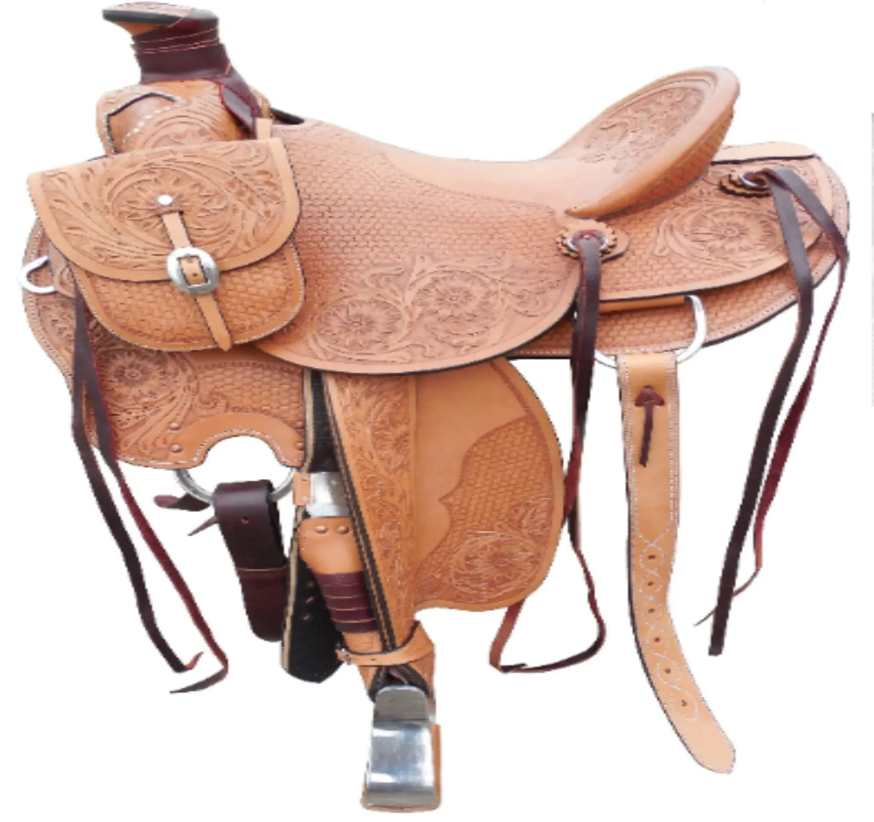 Western Roping Leather Made Smart Horse Saddle With Floral Hand Tooled And Hand Engraved Available In Wood And Fiber Glass Tree