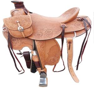 Western Roping Leather Made Smart Horse Saddle With Floral Hand <b>Tooled</b> and Hand <b>Engraved</b> Available in Wood and Fiber Glass Tree - Product Image 1