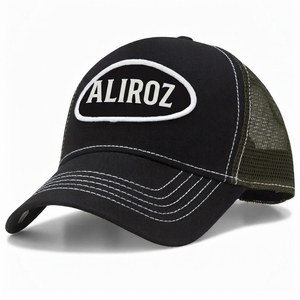 Casquette de camionneur Aliroz 5 panneaux en maille noire réglable avec logo brodé sur le devant, décontractée, pour l'extérieur, unisexe, adulte, printemps-été - Product Image 1