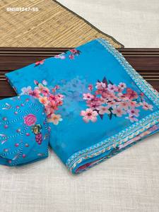 Sari en Georgette de Haute Qualité avec Imprimé Floral Numérique et Bordure Brodée - Ensemble Blouse Assortie - Fournisseur Indien - Product Image 2