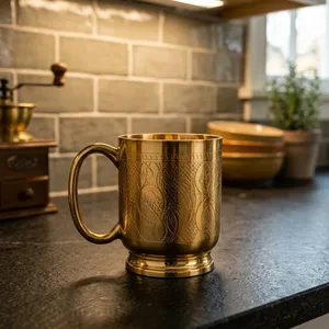 Mug en laiton pur gravé, design traditionnel artisanal, tasse à boire en laiton, objet décoratif, vaisselle pour la maison et la cuisine - Product Image 4