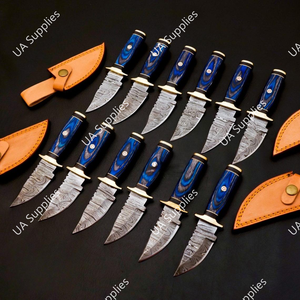 Best Selling Handmade Damascus Steel Drop Point Skinner Knife Blue Black Pakka Wood Handle Brass Guard Razor Sharp Fixed DIY - Product Image 2