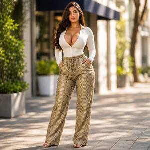 Handmade Embossed Breathable Winter Women's Leather Pants Luxury Snakeskin Wide Leg <b>Trousers</b> with Mid Waist <b>Drawstring</b> Closure - Product Image 5