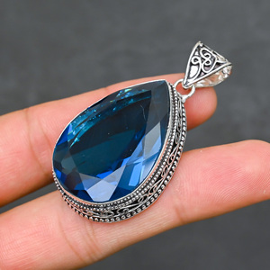 Magnifique pendentif en topaze bleue de Londres, pierre précieuse créée en laboratoire, en argent sterling 925, fait main, bijou statement, cadeau pour femme - Product Image 2