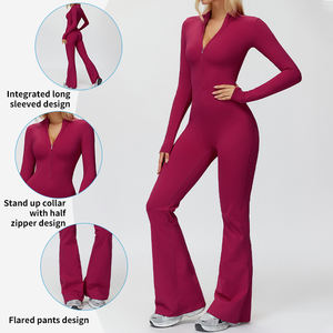 Mono deportivo cálido de manga larga para mujer, enterizo elástico de yoga de una pieza con pantalones acampanados, conjuntos informales - Product Image 1