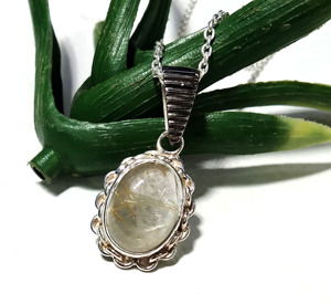 Natural Golden Rutilated Quartz Pendant, 925 Sterling <b>Silver</b> Gemstone <b>Necklace</b> with Chain Handmade Statement Jewelry Gift - Product Image 3
