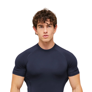 Haut de compression pour homme à col rond et manches raglan courtes, à bandes tonales, séchage rapide, en polyester, coupe ajustée, pour marque privée - Product Image 3