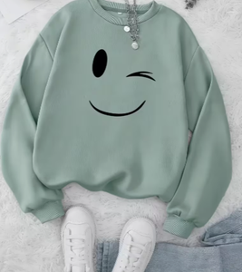 เสื้อสเวตเชิ้ตคอกลมโอเวอร์ไซส์สีเขียวมิ้นต์สำหรับผู้หญิง พิมพ์ลายหน้ายิ้ม แขนยาว ผ้าถัก สไตล์สตรีทแวร์สำหรับฤดูใบไม้ร่วง - Product Image 1