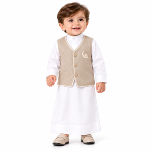 Conjunto de Thobe Blanco Holgado para Niños con Chaleco Color Bronceado, Bordado de Mezquita, Jubba Islámica, Kandura, Eid, Ramadán, Tradicional Árabe - Product Image 1