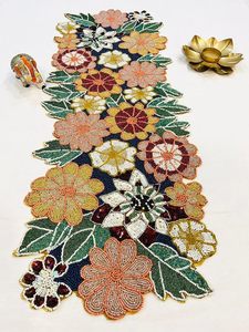 Embroidered Floral <b>Table</b> <b>Runner</b> Bohemian Home Decor Washable Red Pink Sequin Pattern - Product Image 3