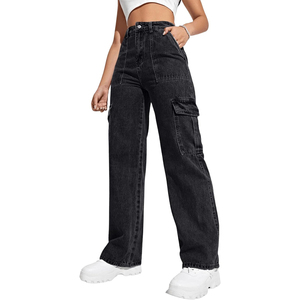 OEM ODM Pantalones vaqueros cargo de algodón 100% para mujer, transpirables, de verano, de cintura alta, corte holgado, pierna ancha, a la moda, con lavado a la piedra - Product Image 1