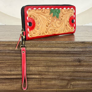 Vintage Tooled Genuine Leather Multi Flower Design Women’s Clutch <b>Wallet</b>, Colorful Cactus <b>Zip</b> Slim Card Holder for Daily Use - Product Image 4