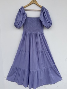 Robe longue évasée à manches bouffantes, motif floral, froncée, unie, violette, décontractée, légère, en coton, pour femme, idéale pour l'été - Product Image 1