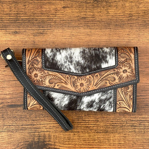 2024 venta al por mayor personalizado mano Tooled cuero embrague monedero occidental de alta calidad de cuero de vaca Floral tarjetero para mujer - Product Image 3