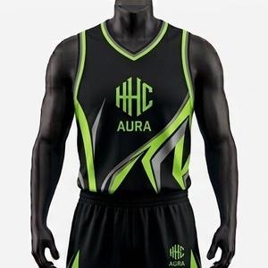 Ensemble d'uniformes de basketball unisexe les plus vendus, vert et noir, sublimé, col en V, sans manches, anti-humidité, coupe athlétique, logo personnalisé - Product Image 1