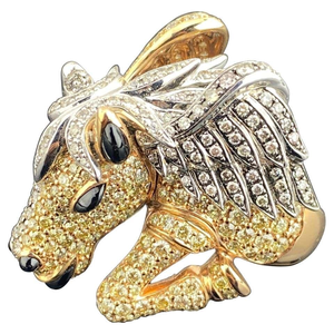 Anillo de cóctel de plata de ley chapado en oro de 18 quilates con moissanita, diseño de cabeza de caballo, engaste pavé, certificado GRA, diseño de lujo con animales, unisex, para fiesta - Product Image 1