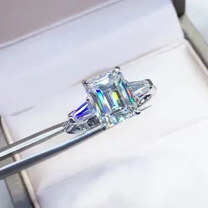 Tishya Diamond 3.96Ctw <b>Emerald</b> Cut Prong Set Three Stone IGI Certified Luxury Engagement <b>Ring</b> 14K White Gold Plated - Product Image 3