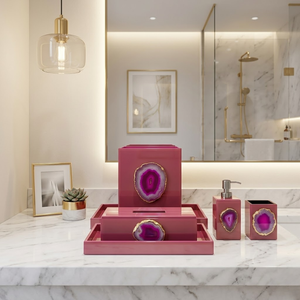 Premium Modern Pink Glass Bathroom <b>Set</b> 6 Pieces | <b>Soap</b> Dispenser, Toothbrush Holder, Tumbler & Tray | Luxury Rectangle Bathroom - Product Image 3