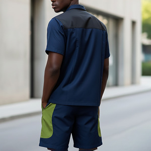 Ensemble de survêtement bleu marine pour homme, avec blocs de couleur, manches courtes, fermeture éclair, vêtements de sport à séchage rapide, tenue décontractée d'été pour l'entraînement - Product Image 5