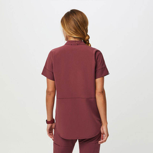2026 Women's Burgundy <b>Scrub</b> <b>Top</b> Short Sleeve Hospital Uniform Blouse Woven Cotton Polyester Fit - Product Image 1