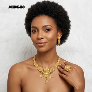 Gold Plated Brass Flower Box Chain <b>Necklace</b> Earrings & <b>Ring</b> Set for Women-Party & Wedding Jewelry - Product Image 5