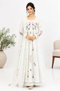 Pink Embroidered Chanderi <b>Silk</b> Floor-Length Quick Dry Salwar Kameez Set A-line <b>Kurta</b> Pant Dupatta Traditional Indian Pakistani - Product Image 2