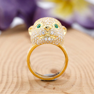 Panther Animal Inspired Wild <b>Cat</b> Iced Cut Moissanite Green-Eyed Rhodium Plated Pave Setting 925 Sterling Silver Engagement <b>Ring</b> - Product Image 2