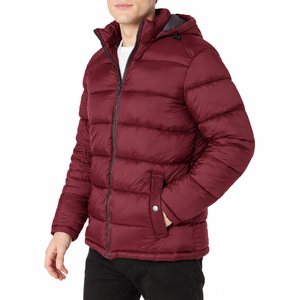 <b>Men</b> Winter <b>Puffer</b> Jacket Hooded Zipper Closure Red Casual Outerwear Thick Polyester Wadding Windproof <b>Coat</b> - Product Image 1