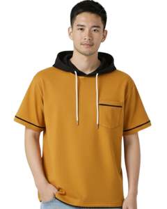 Custom Men Mustard <b>Yellow</b> Short Sleeve Hoodie T Shirt With Contrast Hood Drawstring Pocket Casual Streetwear Summer Top Fashion - Product Image 1