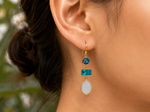 Boucles d'oreilles pendantes géométriques longues en quartz bleu, apatite, pierre de lune blanche, plaqué or 18 carats, argent sterling, cadeau de mariage, anniversaire - Product Image 3