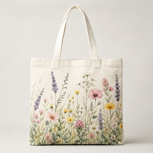 Sac fourre-tout en toile de coton à imprimé floral botanique, écologique, crème, grande capacité, sac à main d'épaule pour femme, réutilisable - Product Image 1