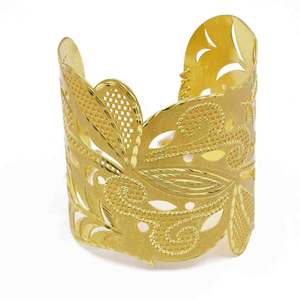 Wholesale 14K 18K 24K Dye Gold Plated Wide Cuff <b>Bracelet</b> Featuring Intricate Cutwork Designs And Dangling Chains <b>Fashion</b> Jewelry - Product Image 2